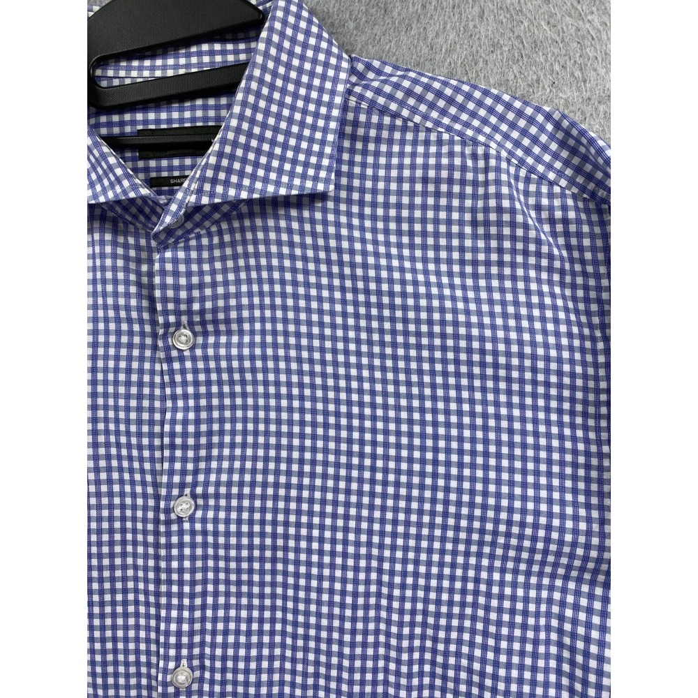 Hugo Boss Dress Shirt Men 17 Check Blue White 34/35 Sharp Fit Cotton Barrel Cuff